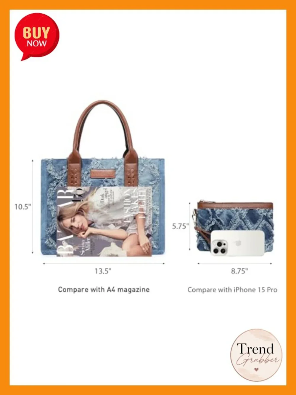 Denim Vegan Leather Quilted Tote Satchel with Wristlet - Boho Crossbody